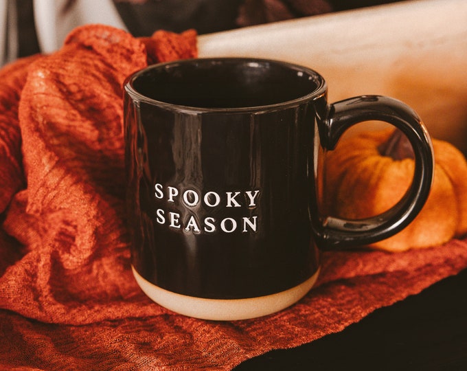 Spooky Season Halloween Mug: 14 oz Black Stoneware Fall Coffee Cup, Halloween Decor, Halloween Gift