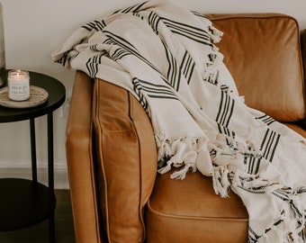 Henley Four Stripe Turkish Cotton Blanket | Bohemian Throw Blanket | Large Beach Towel | Neutral Fringed Throw | Housewarming Gift