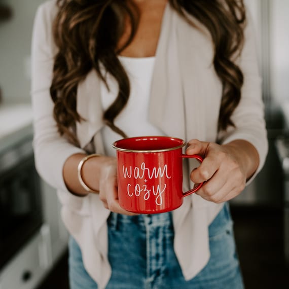 Warm and Cozy Campfire Mug Christmas Mug Holiday Coffee Mug Holiday Decor  Red Campfire Mug Enamel Mug Christmas Coffee Cup 