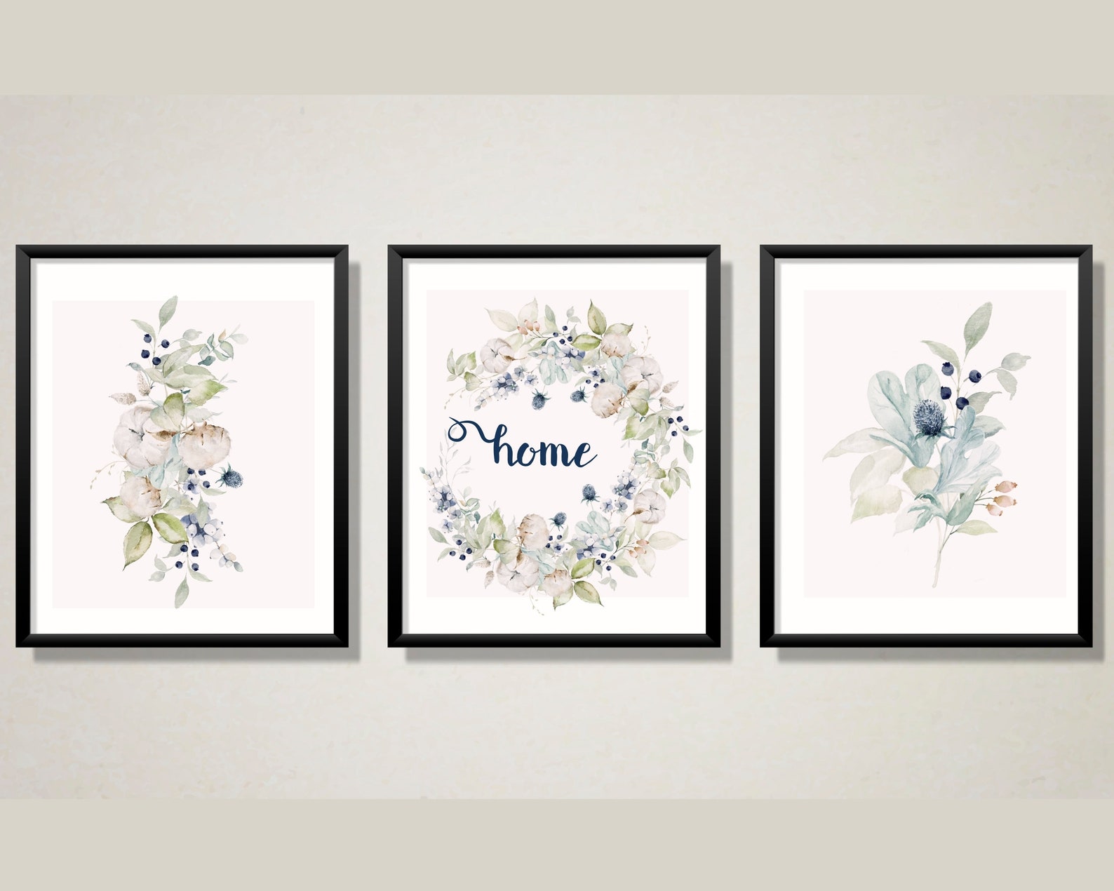 Blue flowers wall art printable triple wall art blue home Etsy