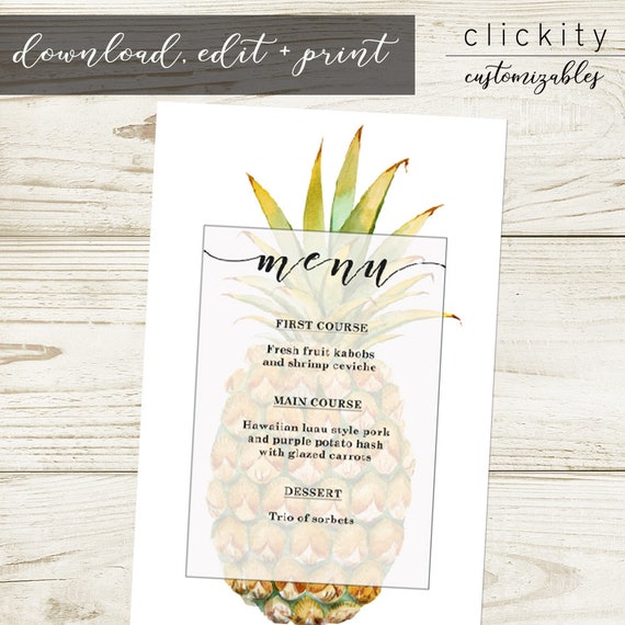 pineapple hawaiian luau menu template download edit etsy