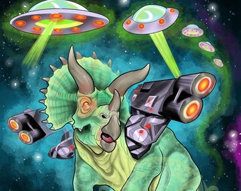 Battle Triceratops in Space Painting Limited Print 9" by 12"