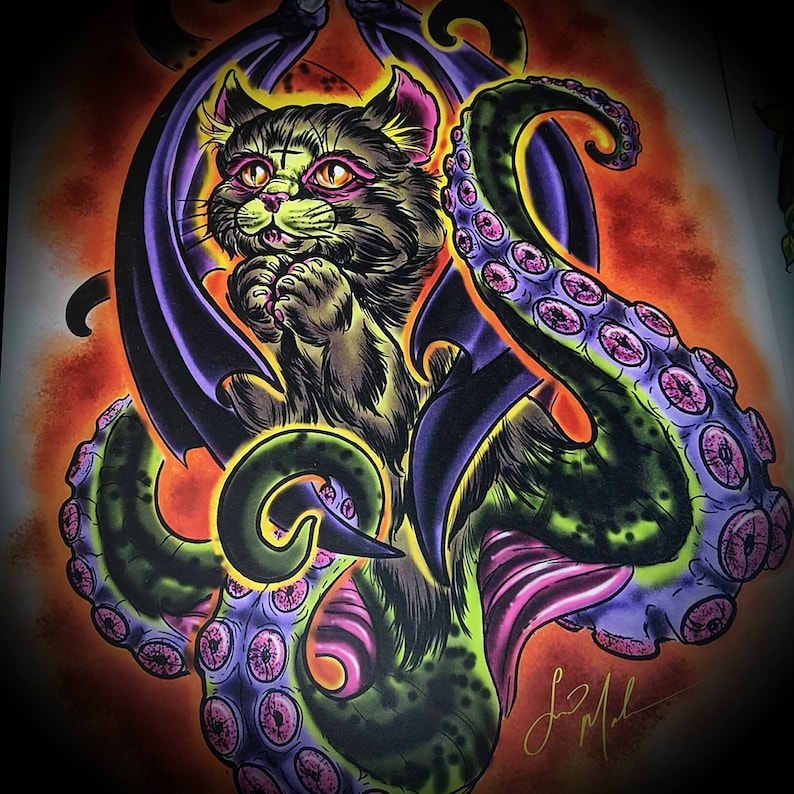 May include: A black cat with yellow eyes is depicted in a colorful illustration. The cat is surrounded by a green and purple tentacled creature with multiple eyes. The background is a vibrant orange and yellow.