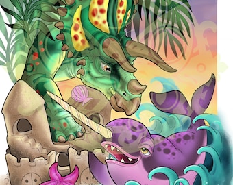 Dino and Narwhal Beach Friends Painting 12'' by 9'' High Quality Print