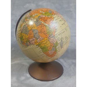 Vtg Replogle The Revere 6-calowy biurkowy bank monet Globe w stylu Mid Century Modern MCM