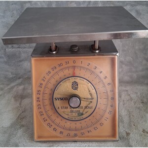 May include: A stainless steel Sysco 4 Star Food Scale Deluxe with a square platform and a circular beige dial face. The dial features black numerical markings from 0 to 31 ounces, a central adjustment knob, and the text Portion Control Not Legal For Trade.