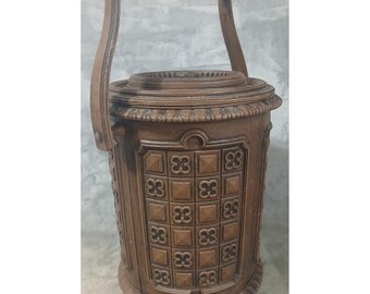 Vintage Faux Wood Ice Bucket Mediterranean Brutalist Ornate Barware Brown 10in