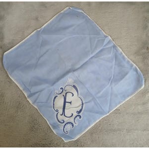 Vintage Light Blue Handkerchief Monogrammed Initial E Scrollwork Pocket Square