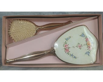 Espejo de mano y cepillo para el cabello de estilo vintage en tono dorado, estuche con diseño floral. LEER