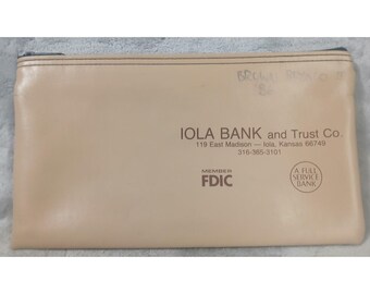 Bolsa de depósito con cremallera vintage del Iola Bank and Trust Co. de Kansas, vinilo color canela, 11x6