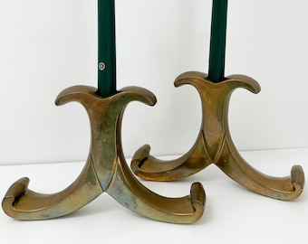 Pair of Large Brass Candle Holders, Mid Century Candlesticks, Tulip Shaped Candle Holders, Vintage Brass Taper Candlesticks Centerpiece