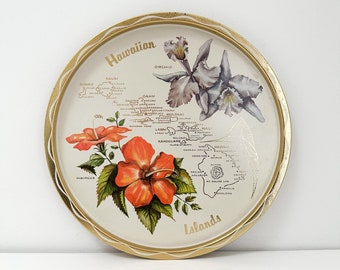 Vintage Hawaiian Islands State Tray, Vintage White Hawaii State Tray, Hawaii Souvenir Tray Round Tin Metal, Vintage State Tray Honolulu