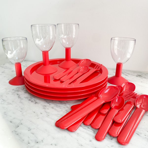 Vintage Red Bodum Melamine Dinnerware, Place Settings for 4 Designed by Carsten Jorgensen. Vintage Plastic Plates. Red Cutlery Vintage