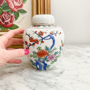 Vintage Floral Japanese Ginger Jar by UCGC. Vintage Asian Style Ginger Jar, White with Blue and Orange Flowers and Trees