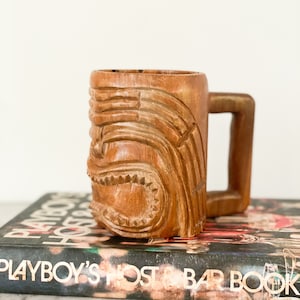 Vintage Wood Tiki Mug, Hawaiian Hand Carved Tiki Wu Warrior God Mug