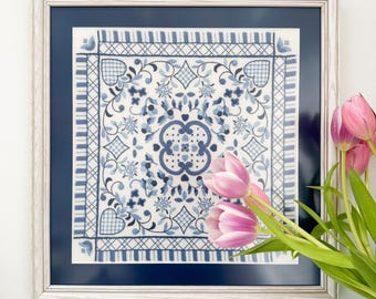 Vintage Blue and White Embroidery Wall Art | 3D Stumpwork, 18x18 Framed