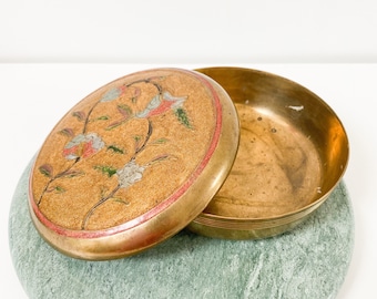 Vintage Brass Enamel Dish With Lid. Colorful Brass Dish with Enamel Designs. Lidded Dish with Flowers
