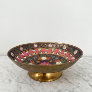 Vintage Hand Painted Brass Pedestal Bowl with Floral Designs and Cutouts,  Decorative Enamel and Brass Dish, Brass Trinket Dish for Jewelry
