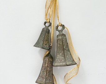 Vintage Brass Bell Swag, Indian Brass Bells of Sarna, Vintage Brass Bell Garland. Brass Bells on a Gold Ribbon, Brass Bell Chimes