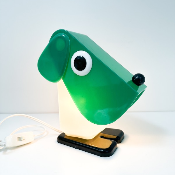 1974 Rufus Table Lamp by Fernando Cassetta for Tacman, Vintage Green Dog Lamp Made in Italy, Pop Art Folding Table Lamp, 1970s Task Lamp