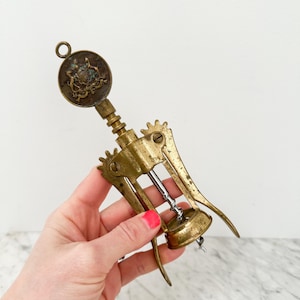 Vintage Brass Corkscrew Wine Bottle Opener with Coat of Arms, Vintage Brass Bottle Opener, Vintage Bar Accessory, Mid Century Brass Barware