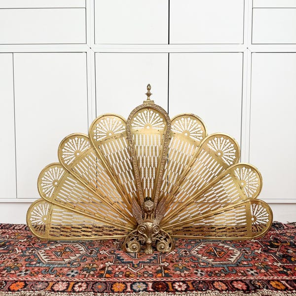 Antique Brass Peacock Fireplace Screen with Griffin Head, Victorian Peacock Folding Fireplace Screen, Fireplace Cover Fan Shaped Gargoyle