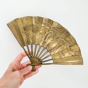 Vintage Brass Decorative Fan Wall Decor, Chinese Brass Fan with Flying Phoenix, Vintage Brass Fan