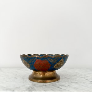 Vintage Brass Peacock Bowl, Vintage Blue Decorative Brass Dish, Trinket Dish with Brass Enamel Peacock Design