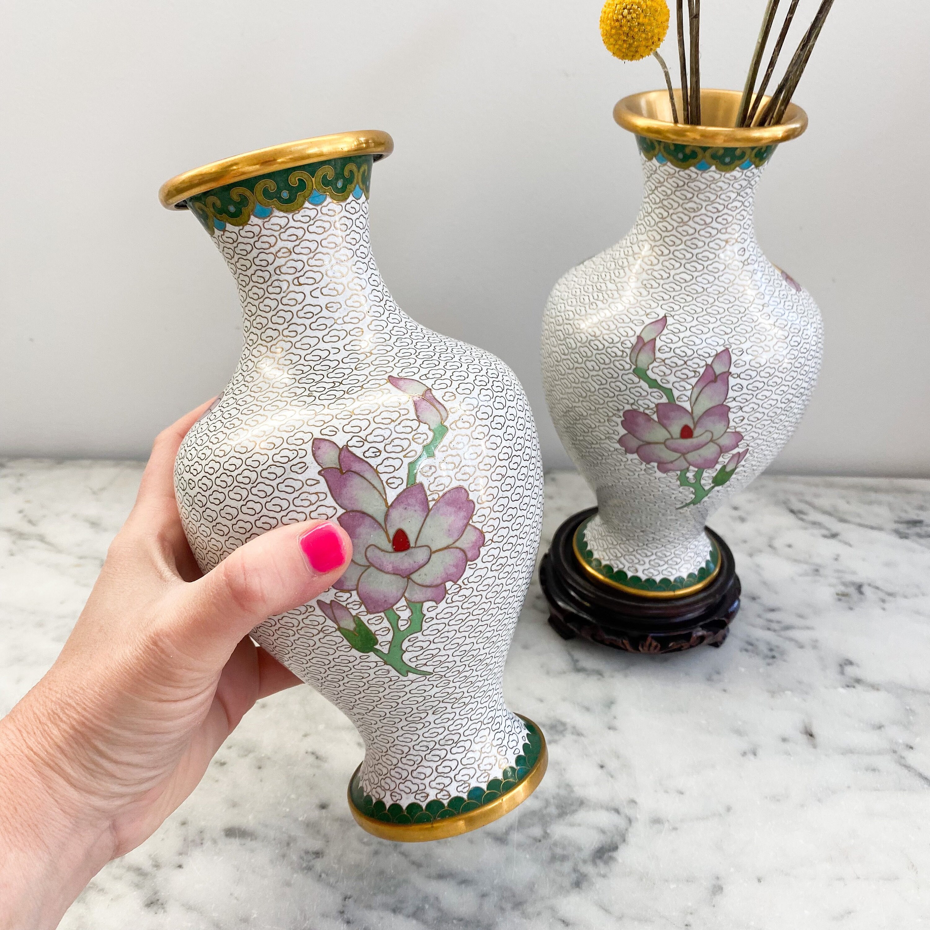 Chinese Cloisonné Vases, a Pair, Matching Vintage Cloisonné Vases