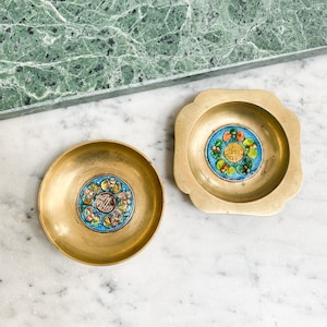 Chinese Brass Trinket Dishes Set of 2, Chinese Five Blessings Brass Ashtrays, Wu Fu Peng Shou, Vintage Brass and Enamel Dishes