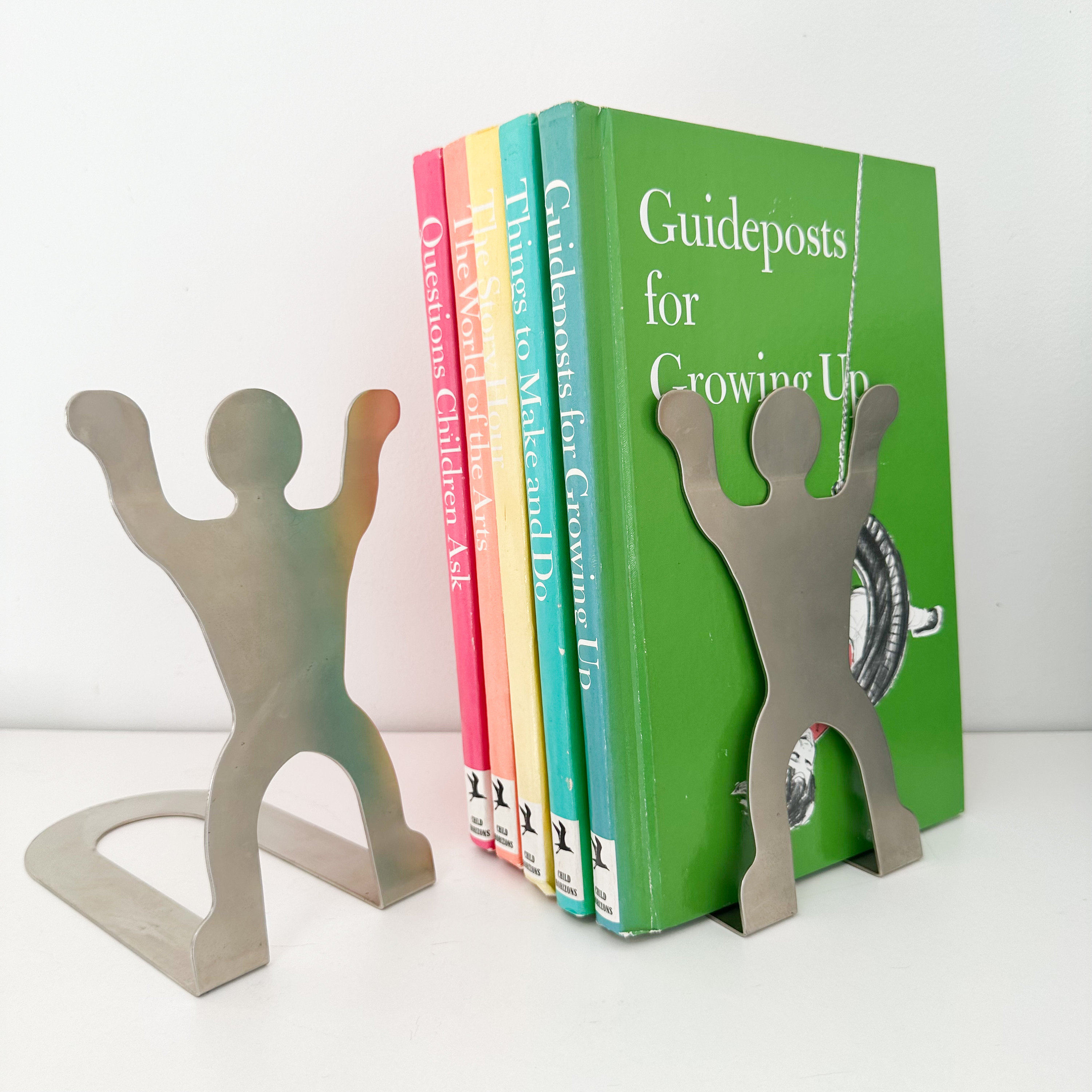 Vintage Xonex Stick Men Silver Metal Bookends, Post Modern