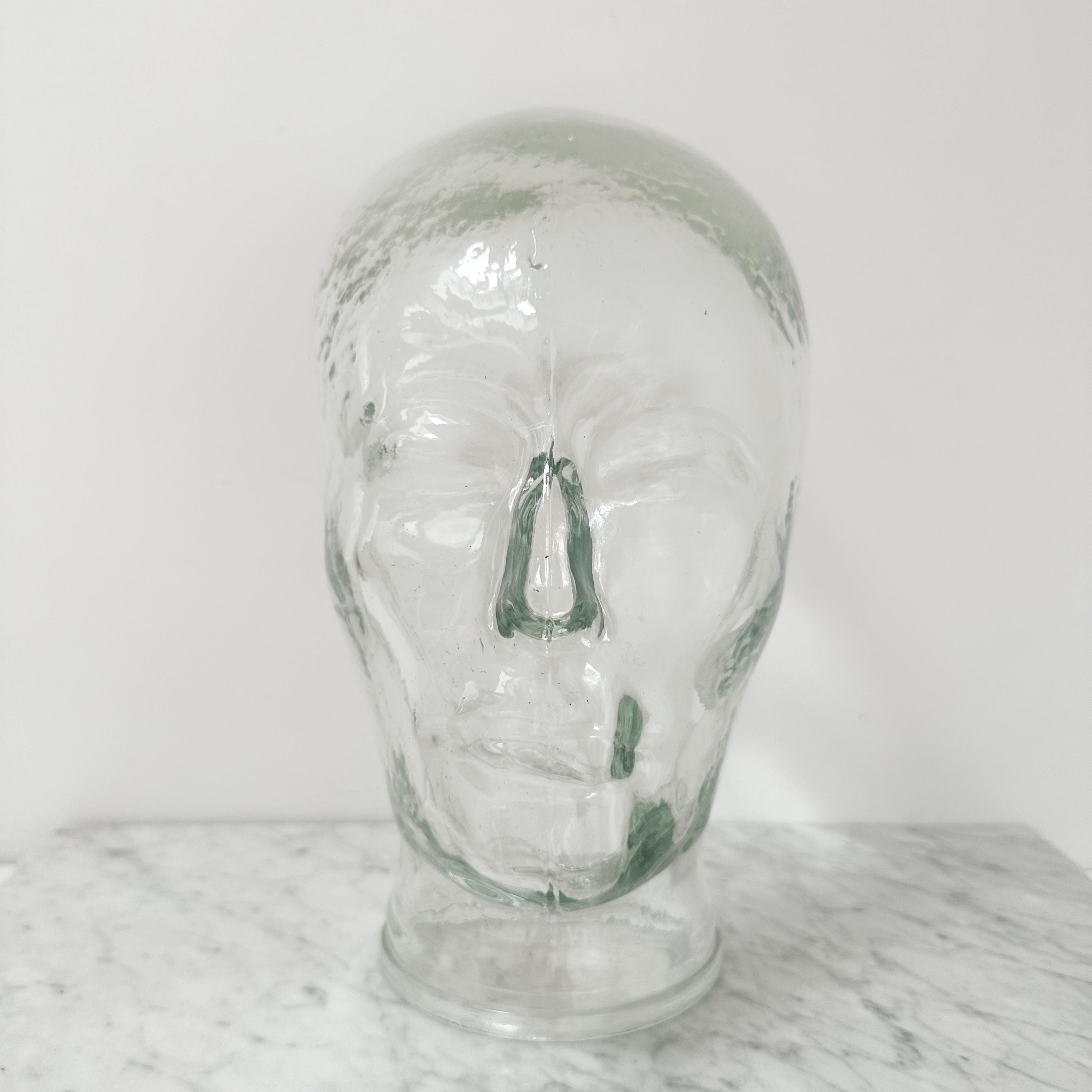 ヴィンテージの透明ガラス製ヘッドフォーム、成型ガラス製マネキン