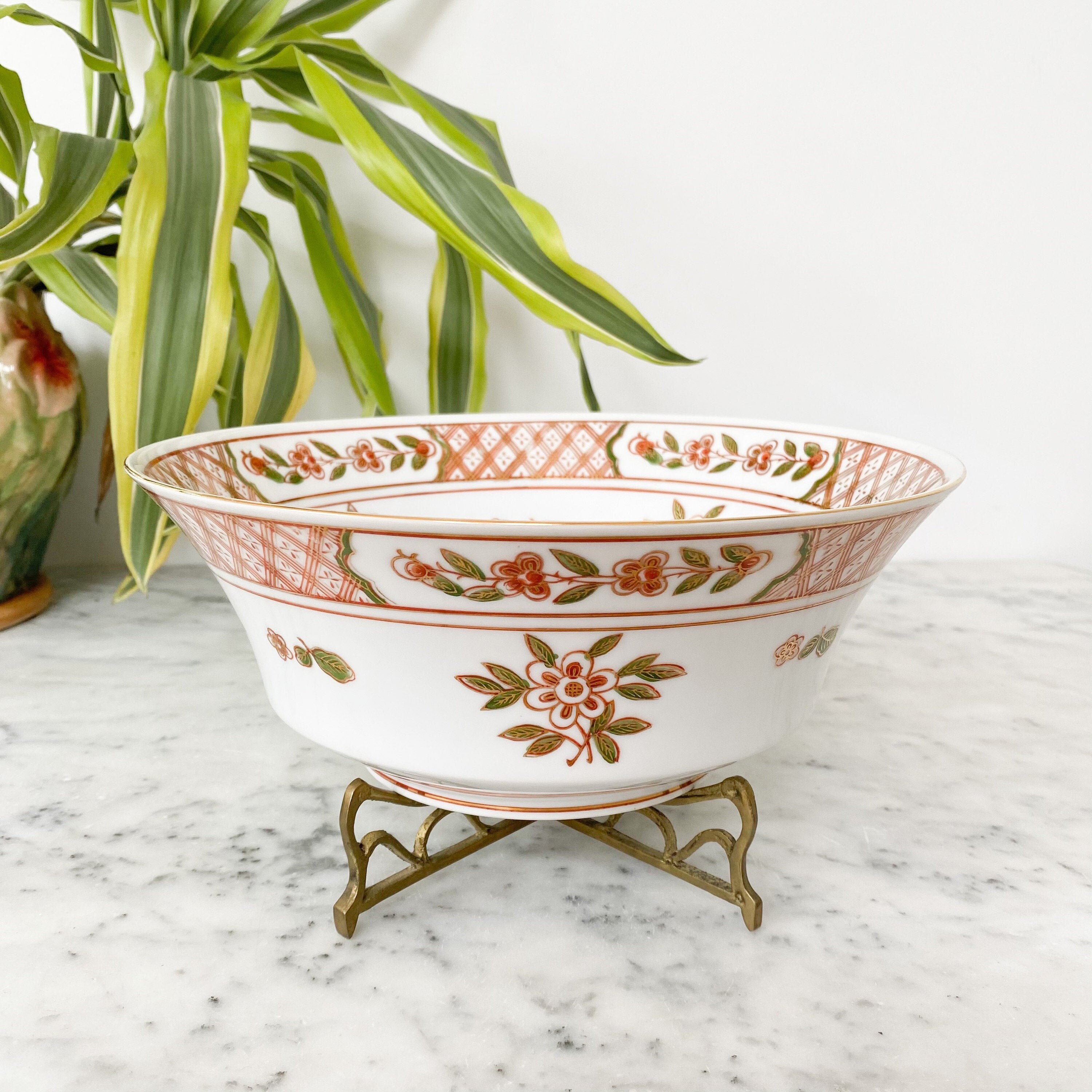 Andrea by Sadek Bowl with Brass Stand. Japanese Lotus Flower Bowl. Vintage Hand Painted Bowl