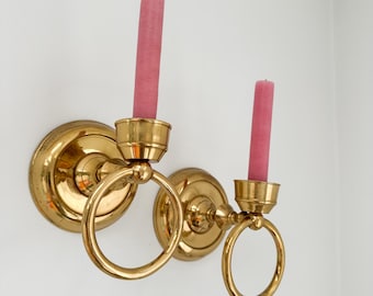 Pair of Vintage Brass Wall Sconces with Ring Pulls, Colonial Federal Style Sconces