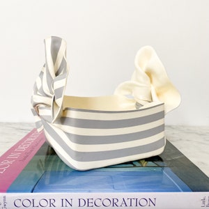 1980s C.T. Designs Square Striped Plastic Basket Signed. Gray and White Striped Bin. Vintage Napkin Holder. Grandmillennial Decor