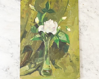 Floral Oil Painting Unframed 10 x 14. Vintage Roses Painting. Green Oil Painting. Spring Themed Painting