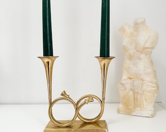 Vintage Double French Horn Brass Candlesticks, Vintage Brass Horn Candle Holder, Double Candlesticks Shaped like French Horns