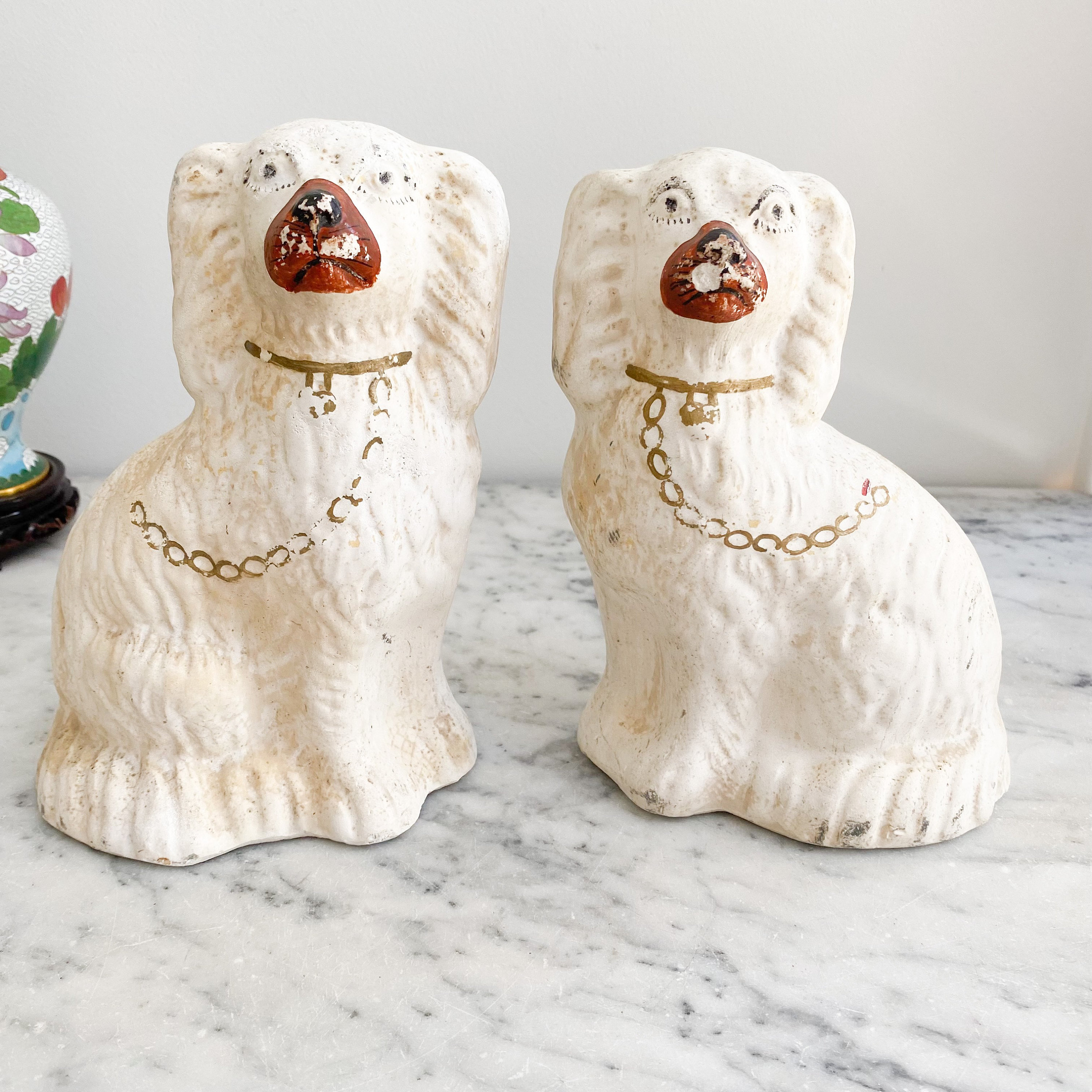 Large Victorian Staffordshire Dog Chalkware Statues, King Charles