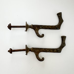Antique Brass Hooks Set of 2, Vintage Ornate Brass Wall Tree Coat Hooks, Vintage Brass Bathroom Door Hooks, Outdoor Plant Hooks for Porch