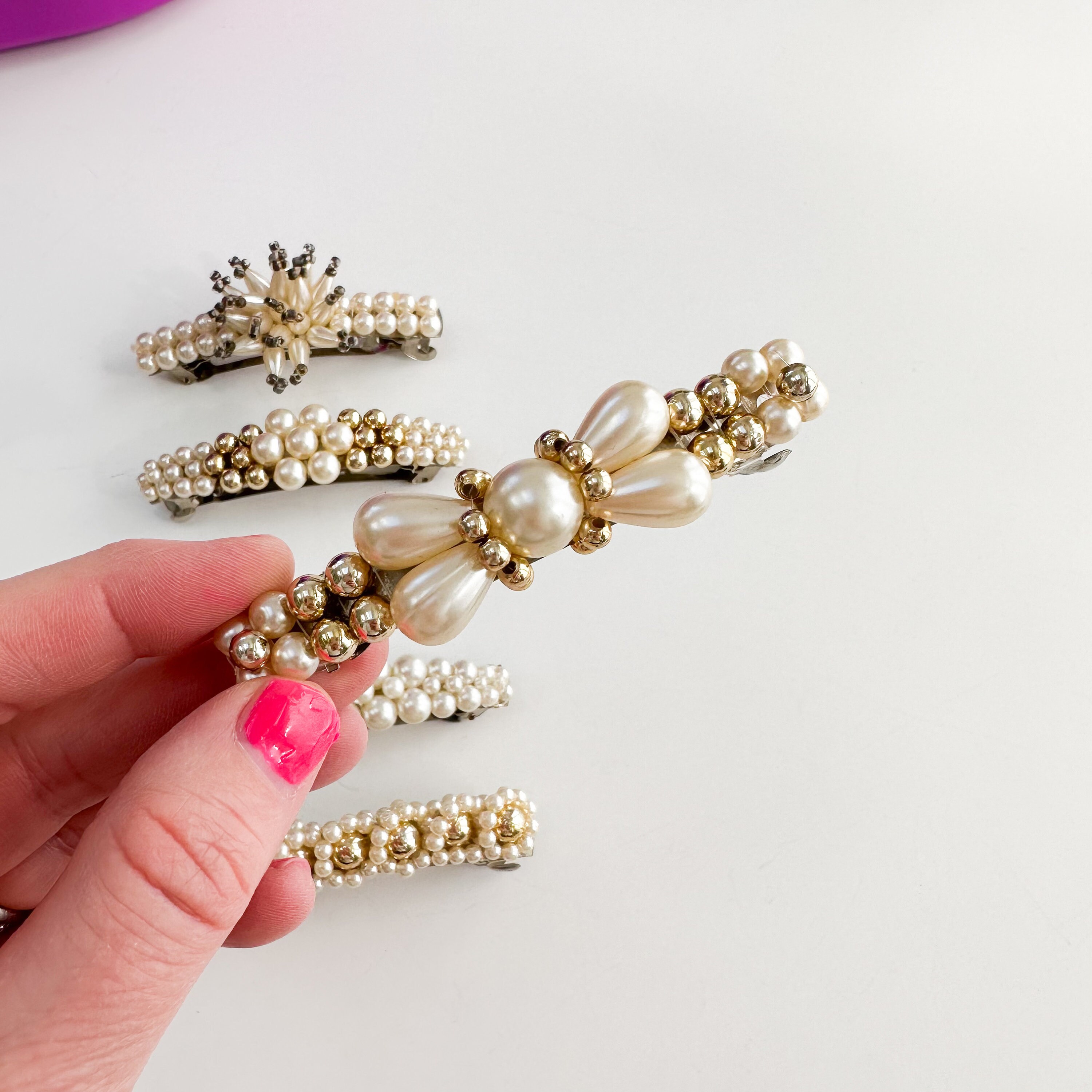 Vintage 1980s Beaded Pearl Hair Clip, Statement Hair Clip, French