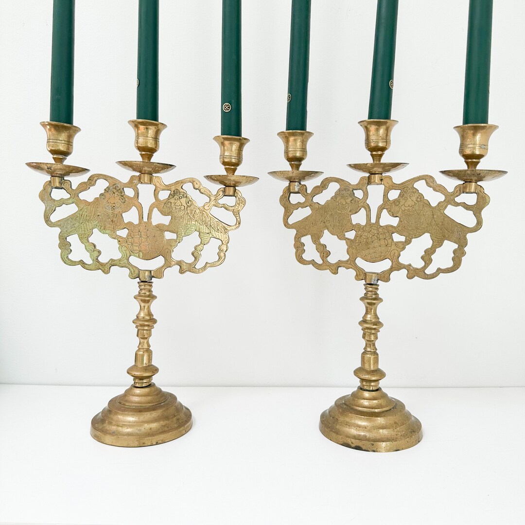 Pair of 12 Vintage Brass Candelabras With Chinese Lions, Three Branch Candelabra, 3 Arm Table