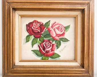 16 x 14インチのヴィンテージレッドローズ絵画（ゴールドフレーム付き