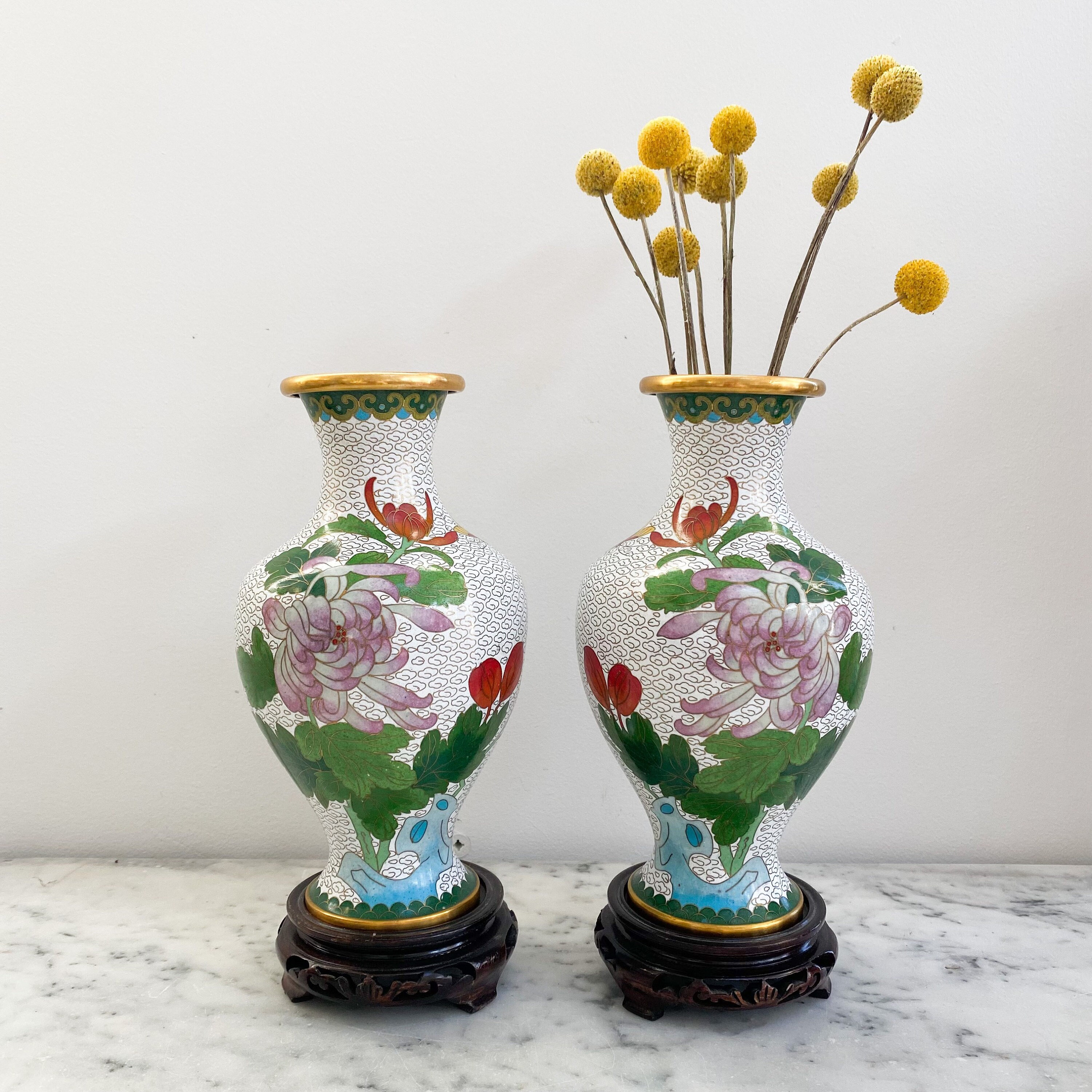 Chinese Cloisonné Vases, a Pair, Matching Vintage Cloisonné Vases