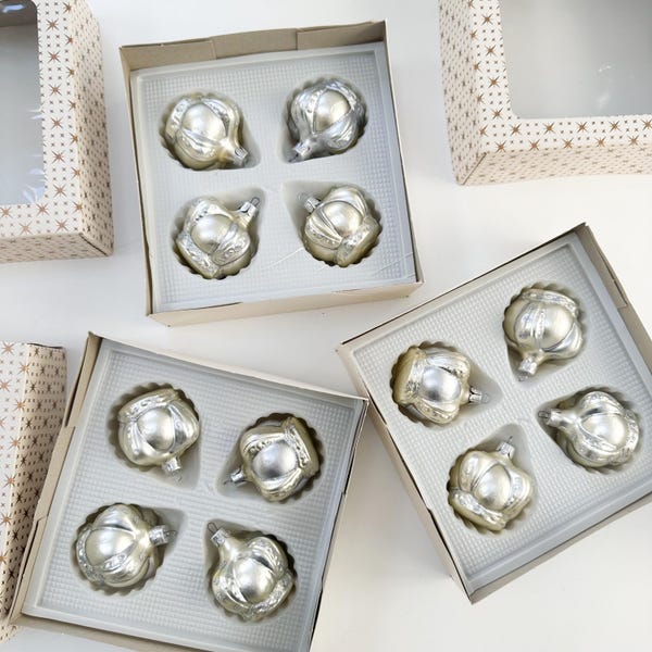Vintage Crown Shaped Ornaments Set of 12, Silver Crown Christmas Ornaments, Hand Blown Glass Glitter Ornaments in Boxes, Made in Poland