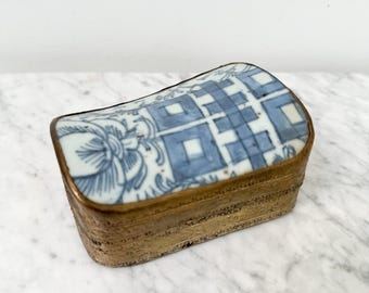 Vintage Chinese Shard Box, Blue and White Porcelain and Silver Plated Trinket Box