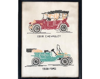 Vintage Cross Stitch of Red 1908 Chevrolet Series 490 and Green 1908 Ford Model T, Antique Cross Stitch Needlework, Framed Car Embroidery