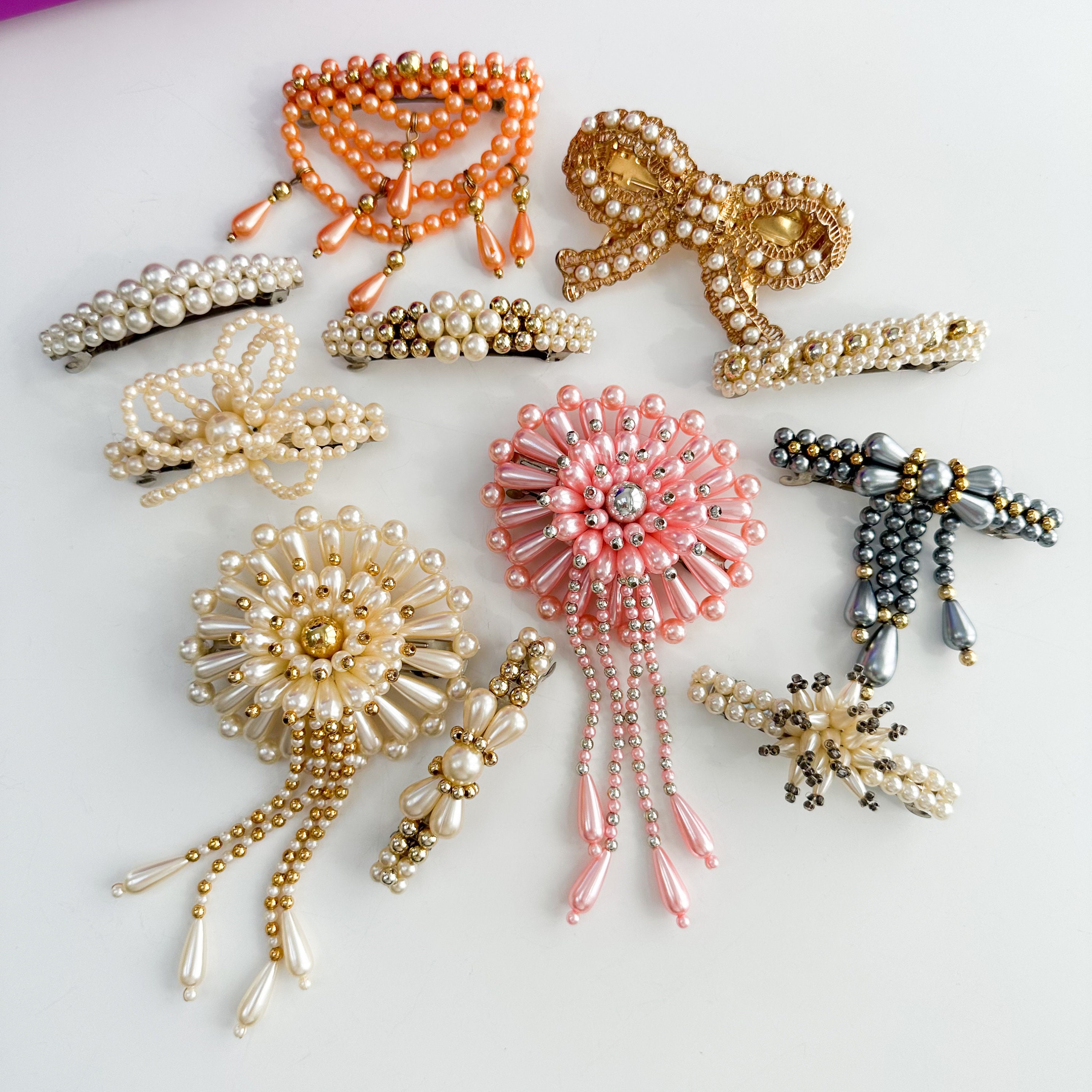 Vintage 1980s Beaded Pearl Hair Clip, Statement Hair Clip 