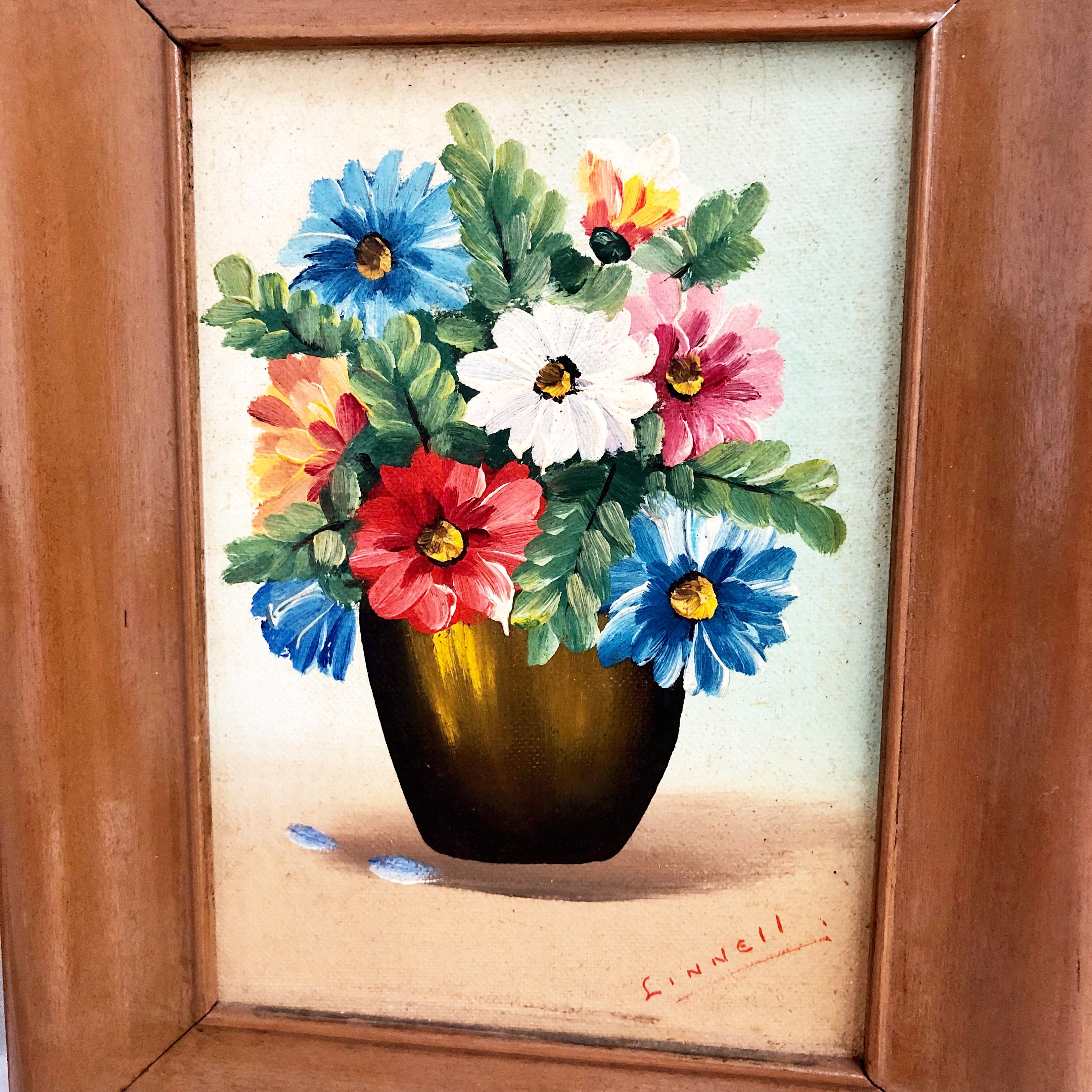 Mini Oil Paintings By Artist Eric Linnell. Vintage Still Life Flowers