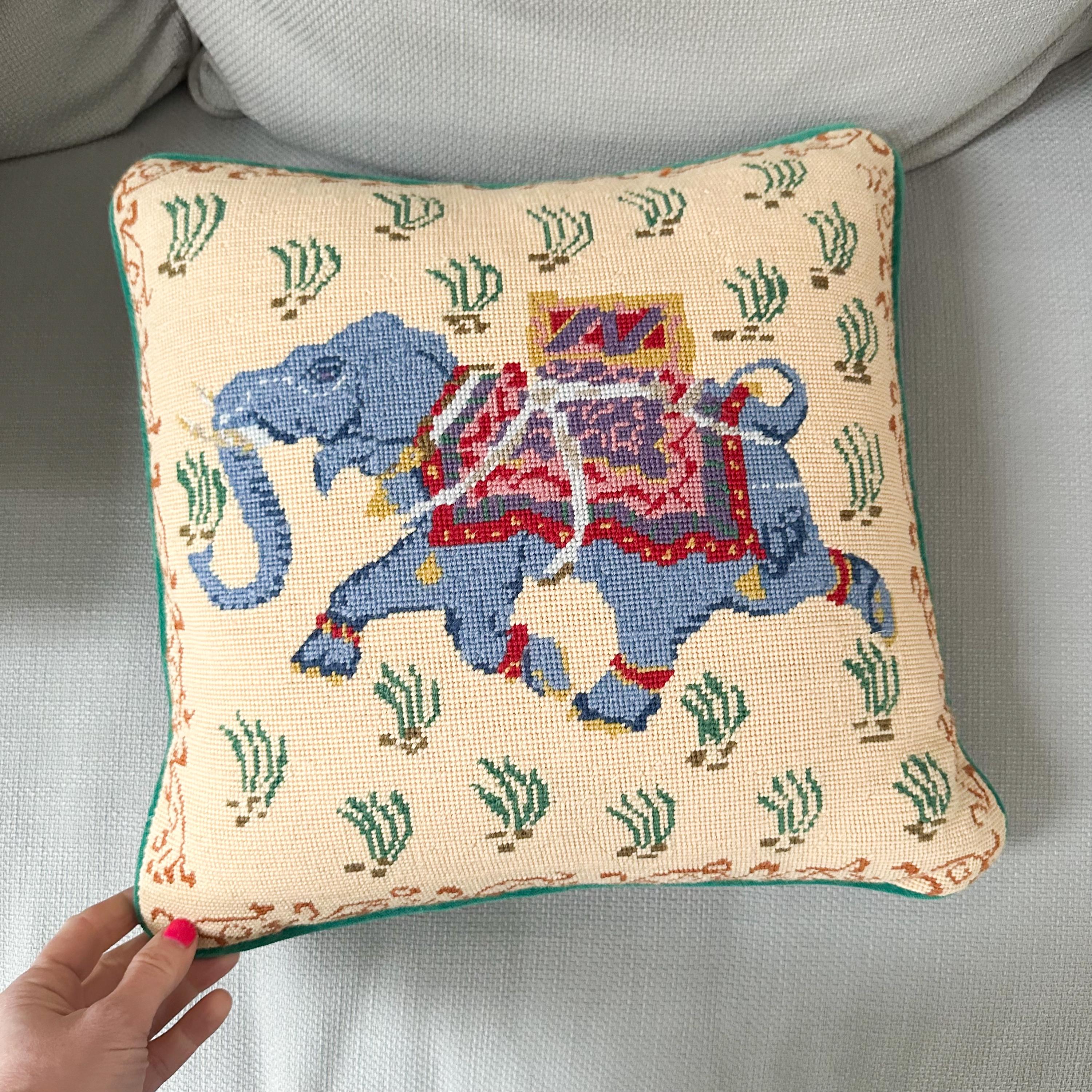 Vintage 14" Needlepoint Pillow with Velvet Backing Sold Separately, Needlepoint Toss Pillow, Hand Stitched Throw Pillow, Woodland Scene