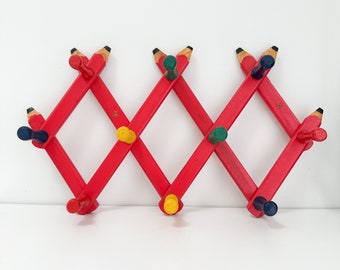 1980s Expandable Wooden Peg Rack in Primary Colors Shaped like Pencils, Accordion Coat Rack, Postmodern Hat Rack Vintage, 1980s Kids' Decor